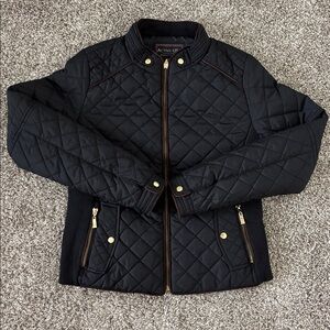 Active USA Quilted Black Puffer Jacket with Gold Accents